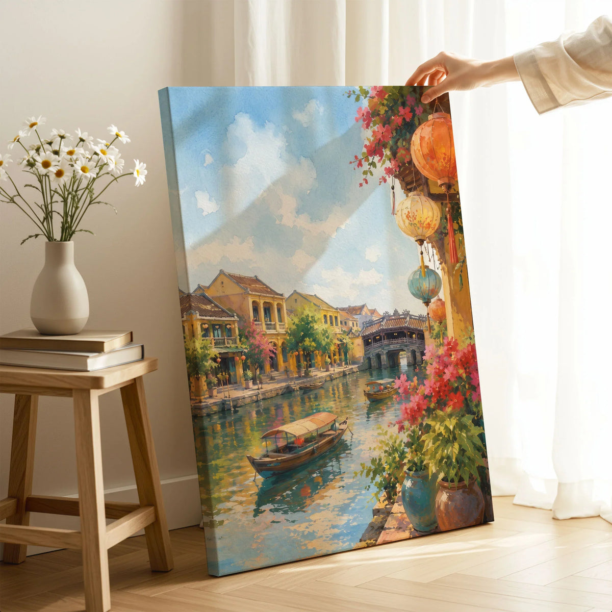 Hoi An lanterns and Japanese bridge watercolour art print canvas print with mirror edge in a room