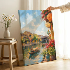 Hoi An lanterns and Japanese bridge watercolour art print canvas print with mirror edge in a room