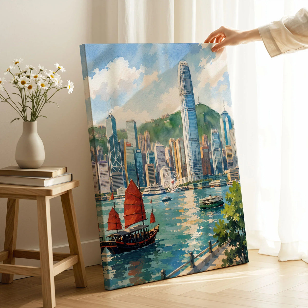 Hong Kong Victoria Harbour and junk boat watercolour art print canvas print with mirror edge in a room
