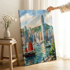 Hong Kong Victoria Harbour and junk boat watercolour art print canvas print with mirror edge in a room