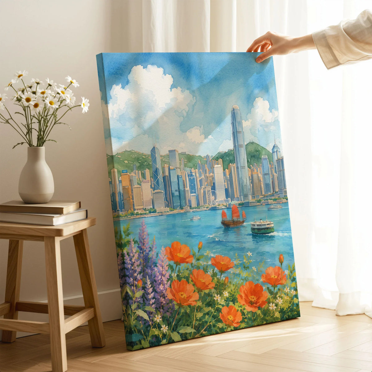 Hong Kong Victoria Harbour skyline with flowers watercolour art print canvas print with mirror edge in a room