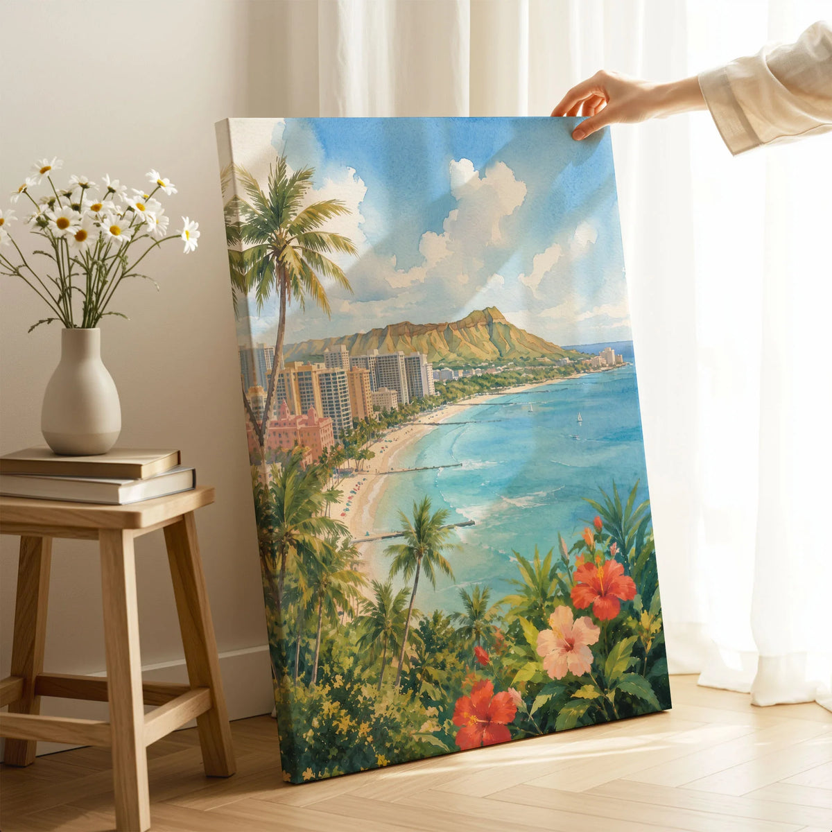 Honolulu Waikiki Beach and Diamond Head watercolour art print canvas print with mirror edge in a room