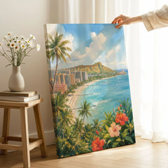 Honolulu Waikiki Beach and Diamond Head watercolour art print canvas print with mirror edge in a room