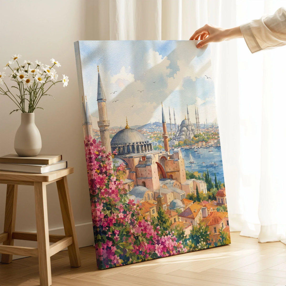 Istanbul Hagia Sophia and Blue Mosque watercolour art print canvas print with mirror edge in a room