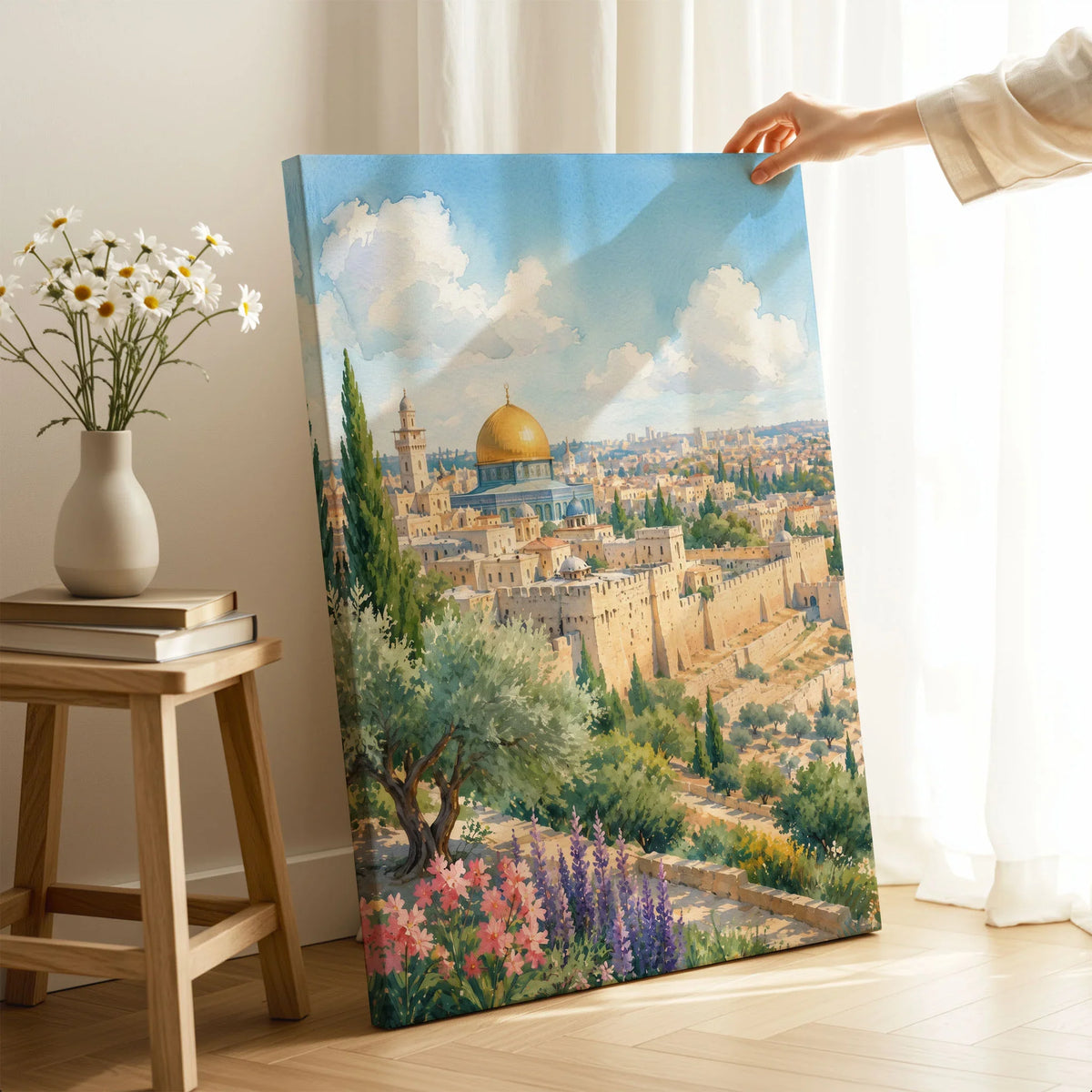 Jerusalem Dome of the Rock and Old City walls watercolour art print canvas print with mirror edge in a room