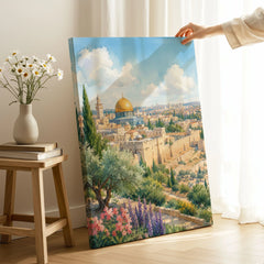 Jerusalem Dome of the Rock and Old City walls watercolour art print canvas print with mirror edge in a room