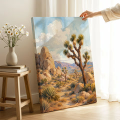 Joshua Tree National Park Joshua trees and granite boulders watercolour art print canvas print with mirror edge in a room