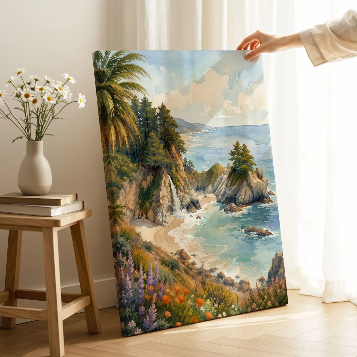Julia Pfeiffer Burns State Park McWay Falls and cove watercolour art print canvas print with mirror edge in a room