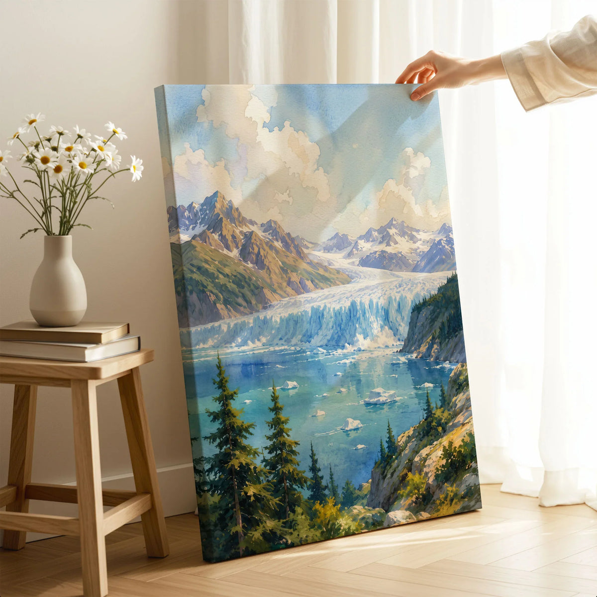 Kenai Fjords National Park tidewater glacier and fjord watercolour art print canvas print with mirror edge in a room