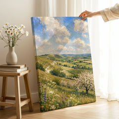 Kent Downs chalk downs and orchard blossom watercolour art print canvas print with mirror edge in a room
