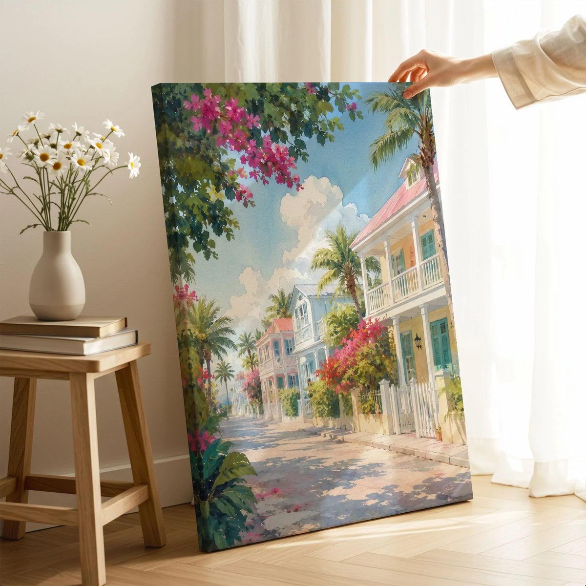 Key West pastel conch houses watercolour art print canvas print with mirror edge in a room