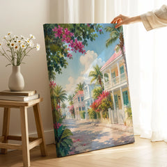 Key West pastel conch houses watercolour art print canvas print with mirror edge in a room