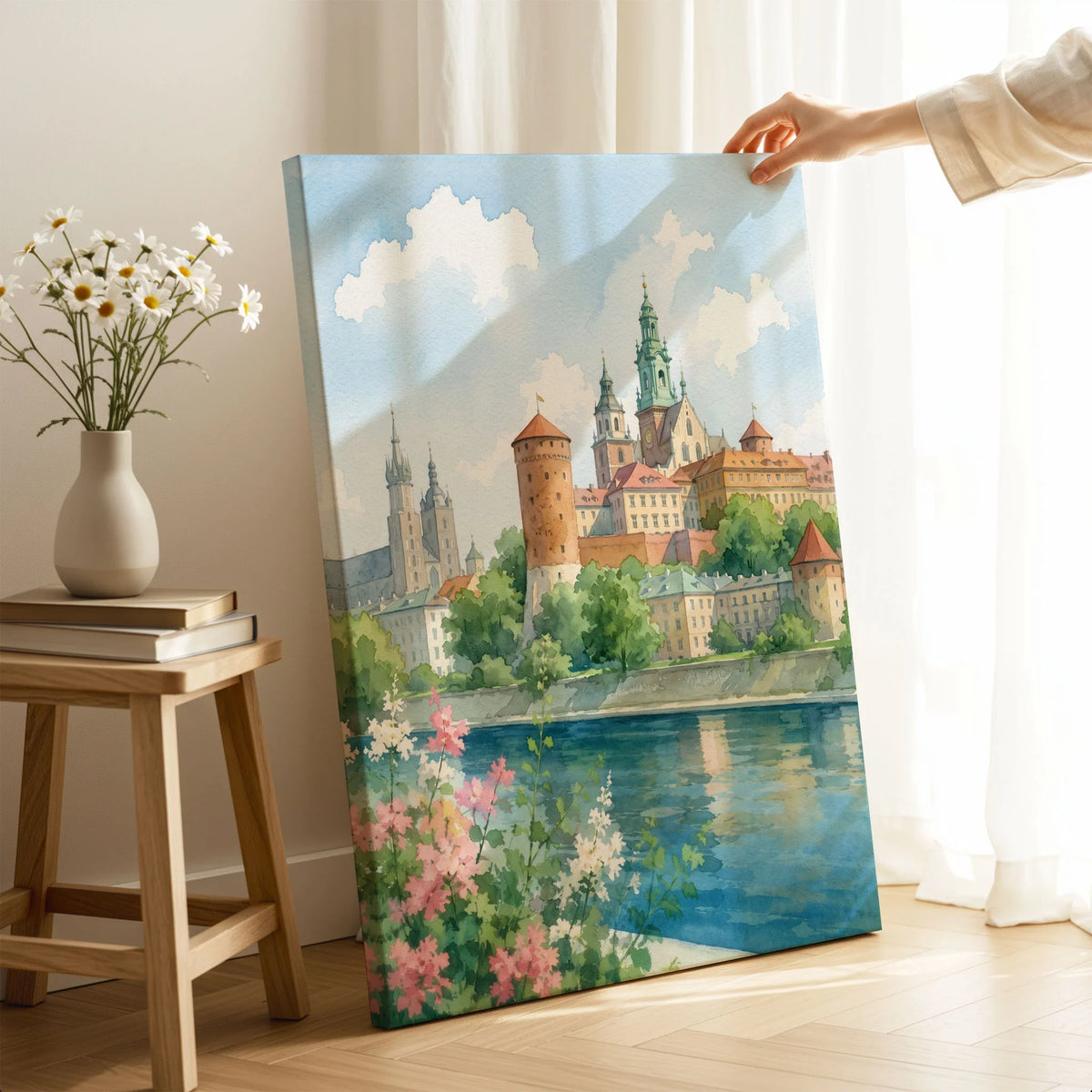 Kraków Wawel Castle on the Vistula watercolour art print canvas print with mirror edge in a room