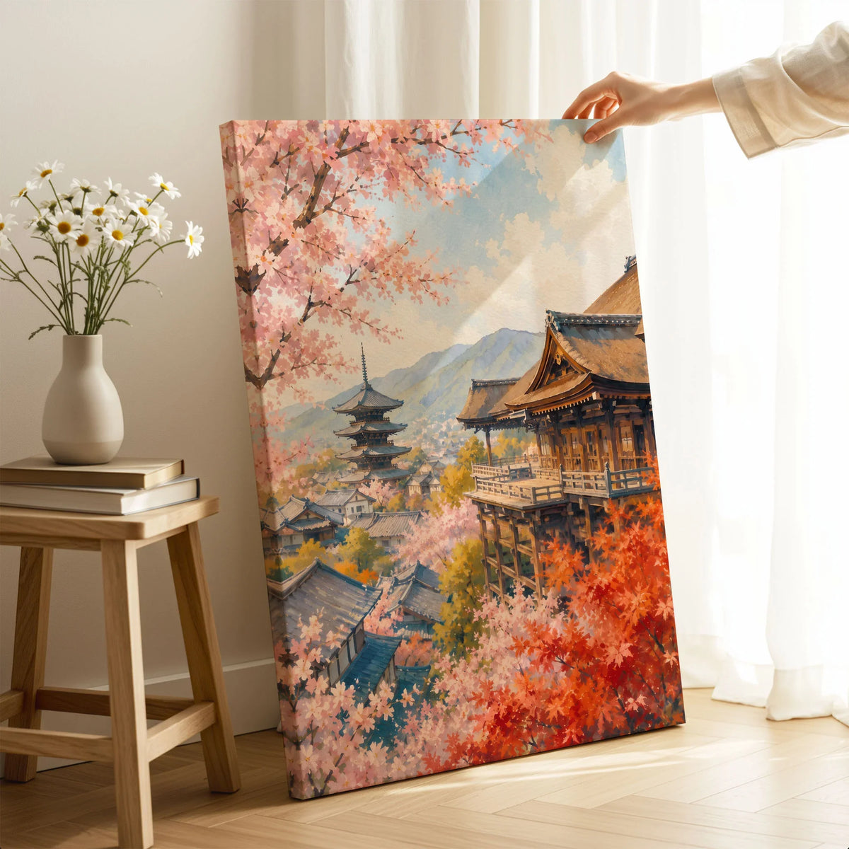 Kyoto Kiyomizu-dera temple and blossom watercolour art print canvas print with mirror edge in a room