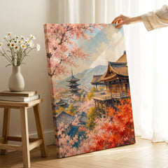 Kyoto Kiyomizu-dera temple and blossom watercolour art print canvas print with mirror edge in a room
