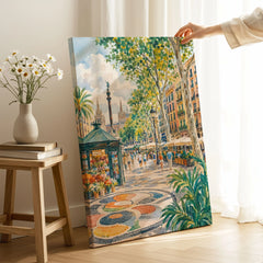 La Rambla Barcelona promenade and mosaic watercolour art print canvas print with mirror edge in a room