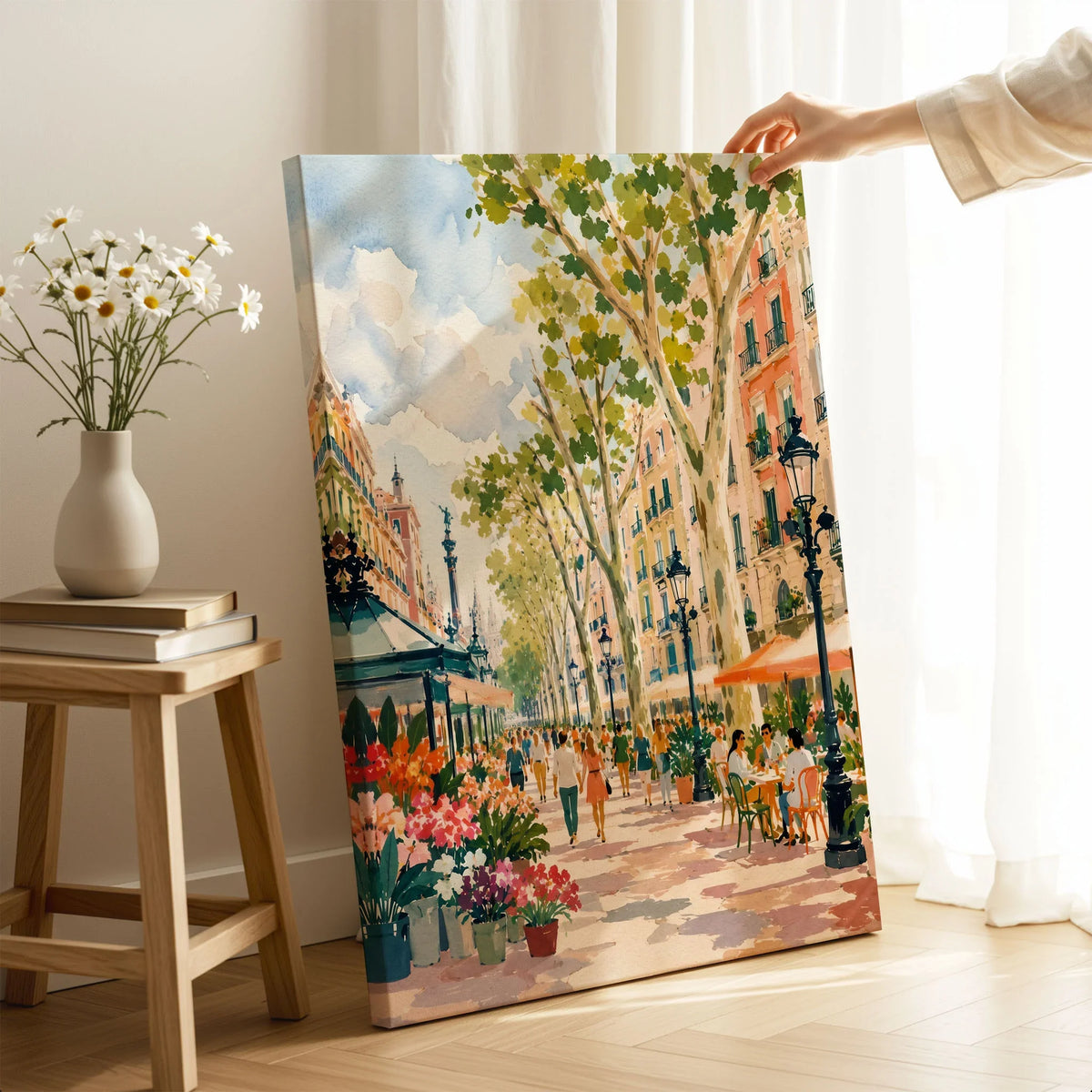La Rambla Barcelona flower stalls and cafés watercolour art print canvas print with mirror edge in a room