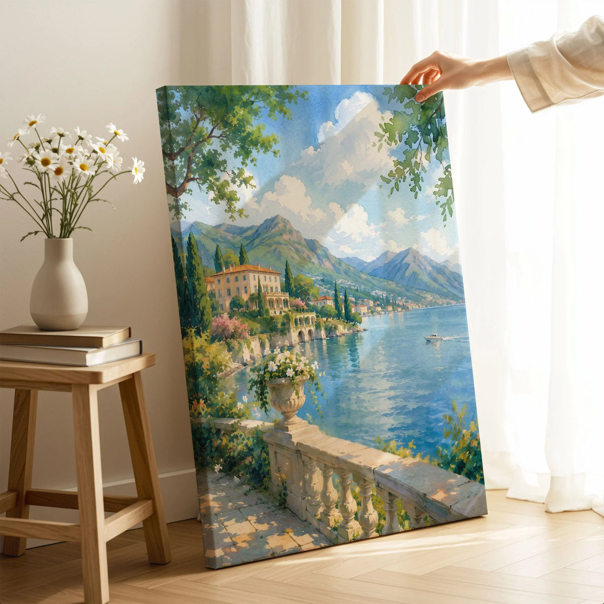 Lake Como lakeside villa and mountains watercolour art print canvas print with mirror edge in a room