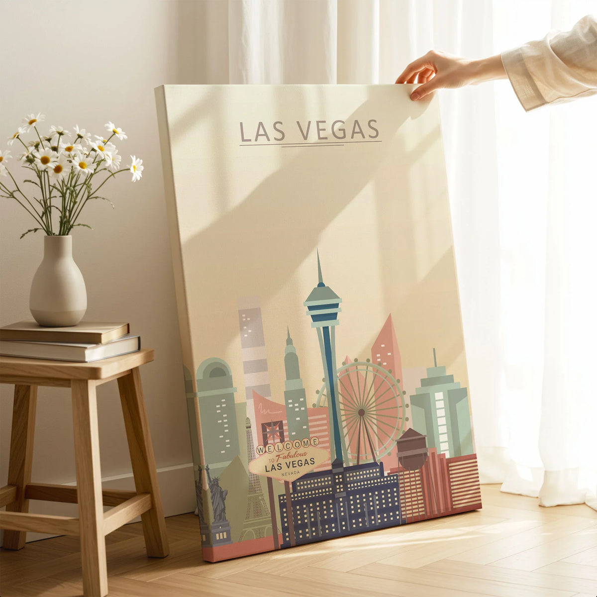 Las Vegas city skyline art print, canvas print with mirror edge in a room