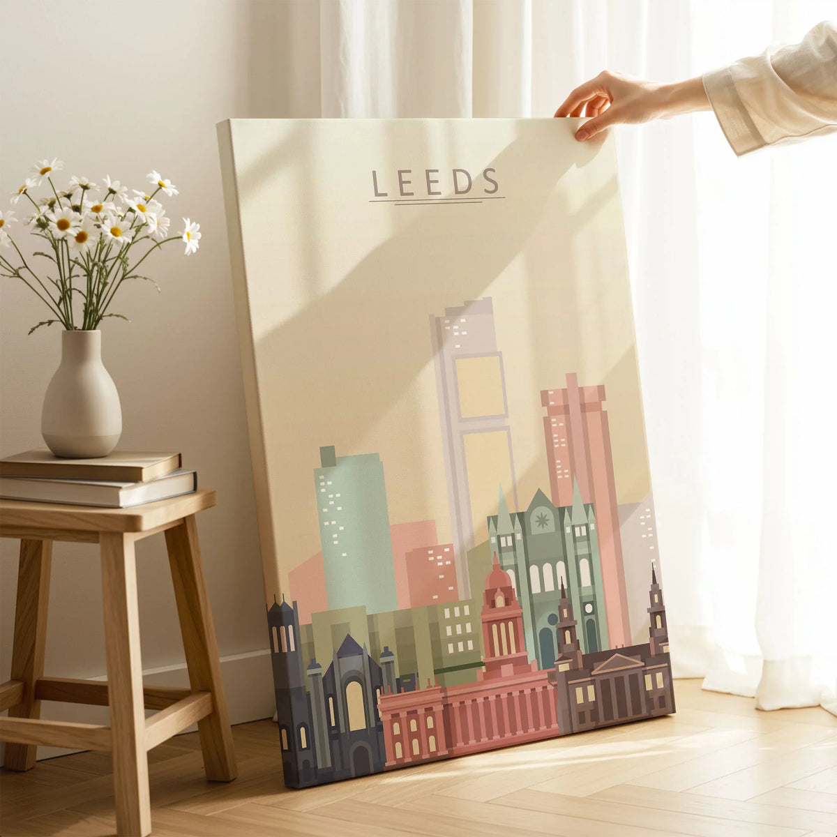Leeds city skyline art print, canvas print with mirror edge in a room