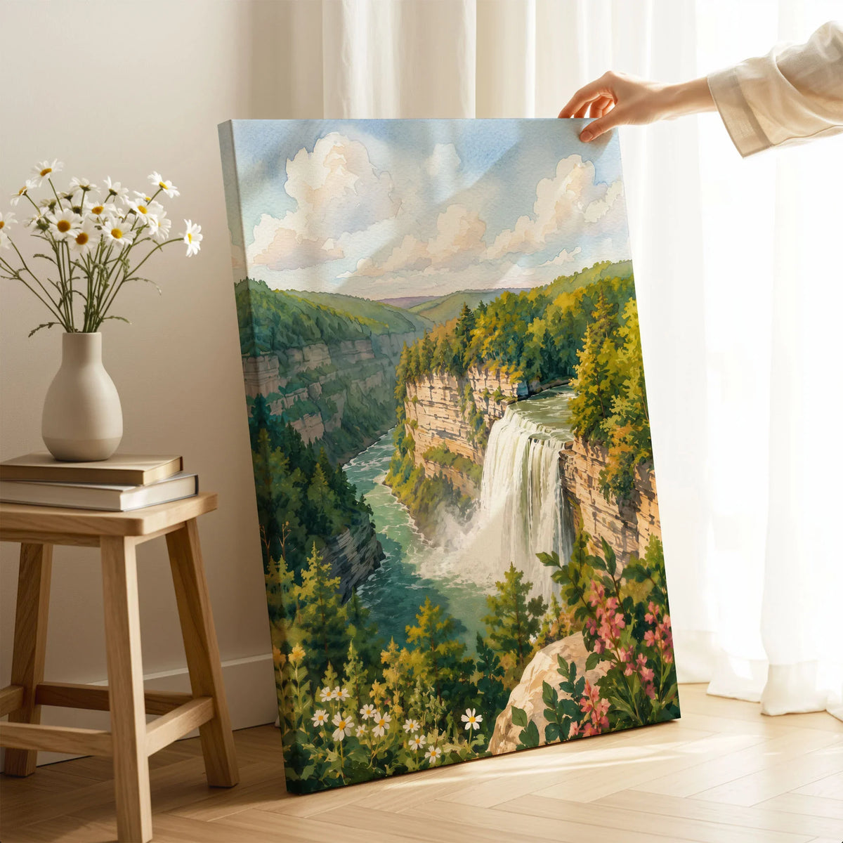 Letchworth State Park waterfall in the gorge watercolour art print canvas print with mirror edge in a room