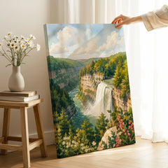 Letchworth State Park waterfall in the gorge watercolour art print canvas print with mirror edge in a room
