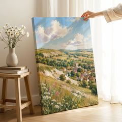 Lincolnshire Wolds hillside village and church watercolour art print canvas print with mirror edge in a room