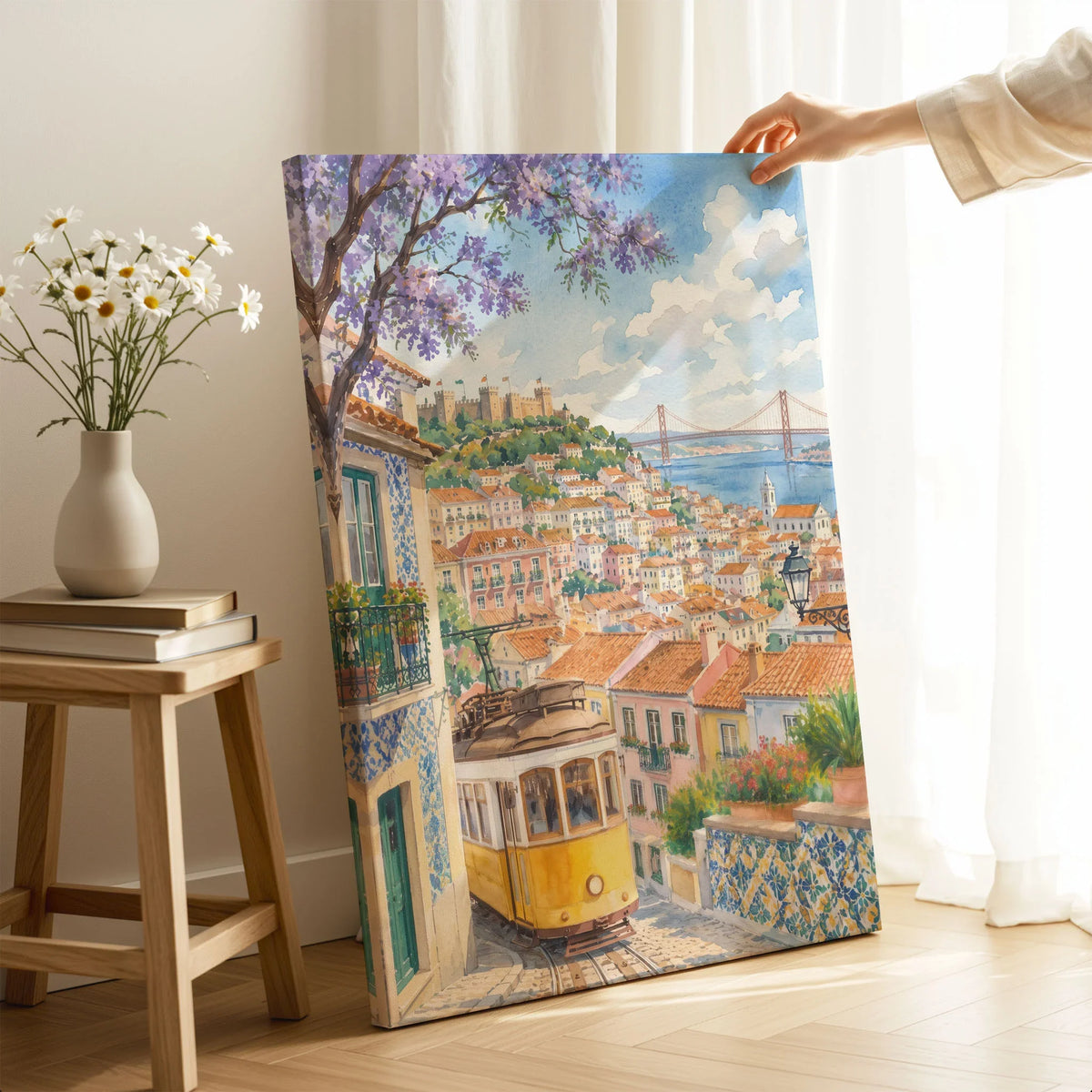 Lisbon yellow tram and castle watercolour art print canvas print with mirror edge in a room