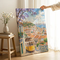 Lisbon yellow tram and castle watercolour art print canvas print with mirror edge in a room