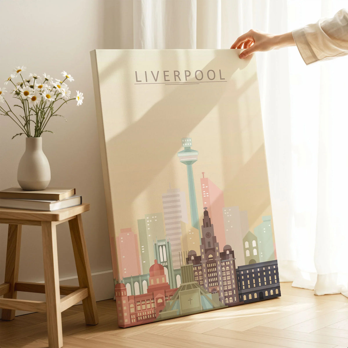 Liverpool city skyline art print, canvas print with mirror edge in a room