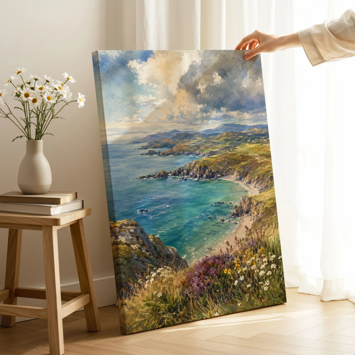 Llyn Peninsula sandy cove and coastline watercolour art print canvas print with mirror edge in a room