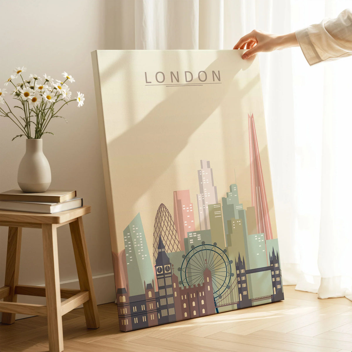 London city skyline art print, canvas print with mirror edge in a room