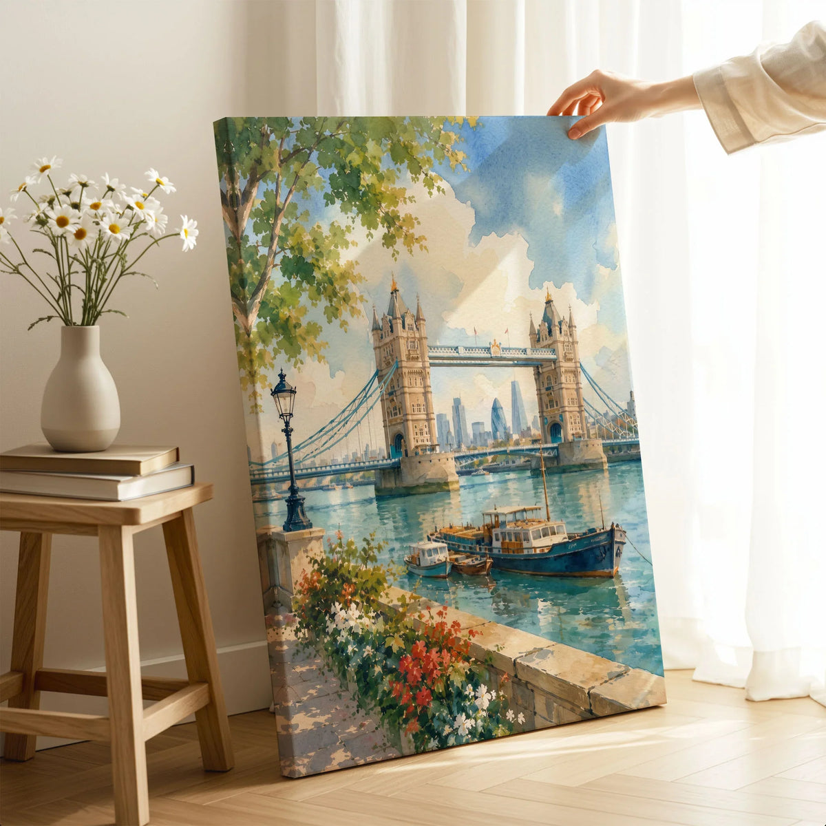 London Tower Bridge on the Thames watercolour art print canvas print with mirror edge in a room