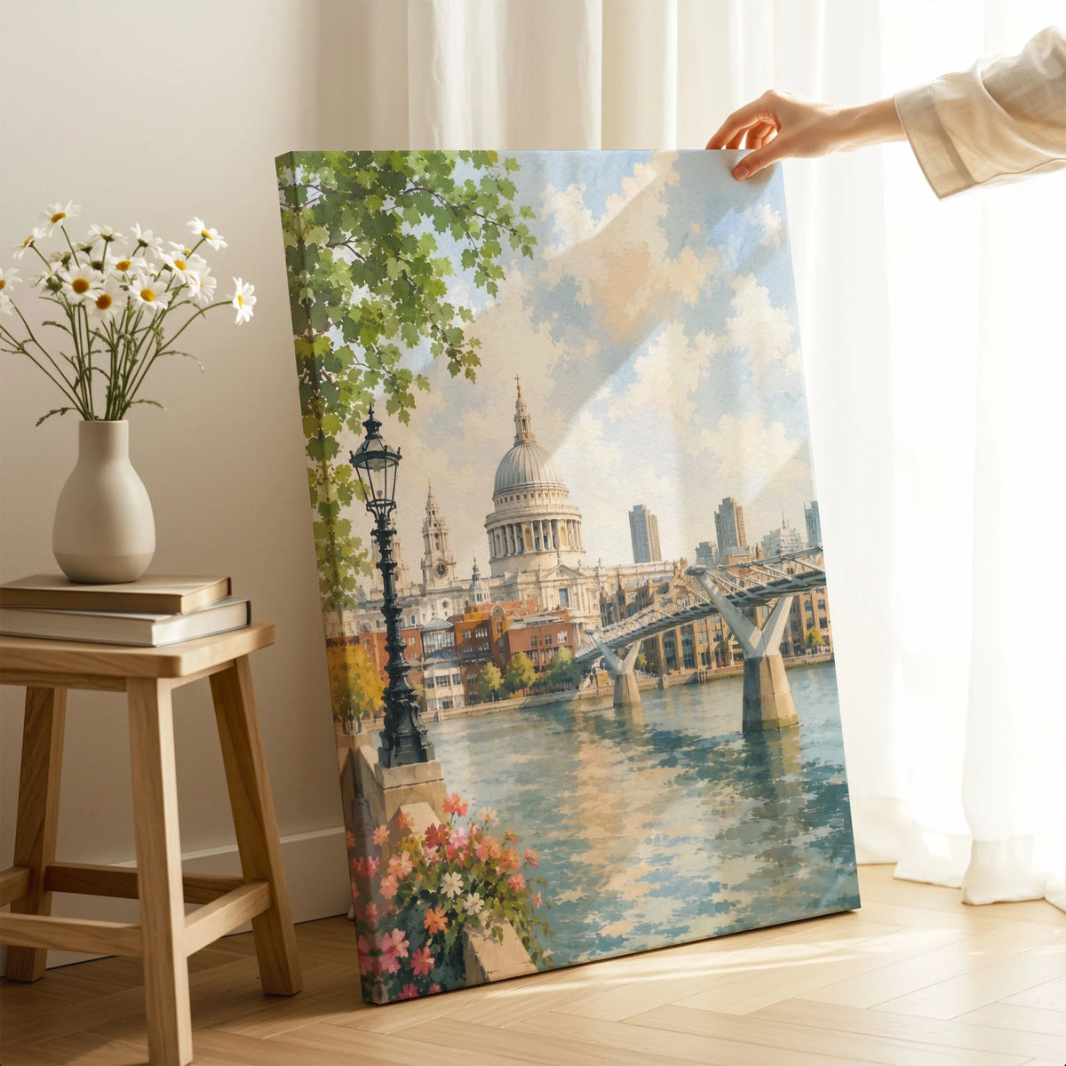 London St Paul's Cathedral and Millennium Bridge watercolour art print canvas print with mirror edge in a room