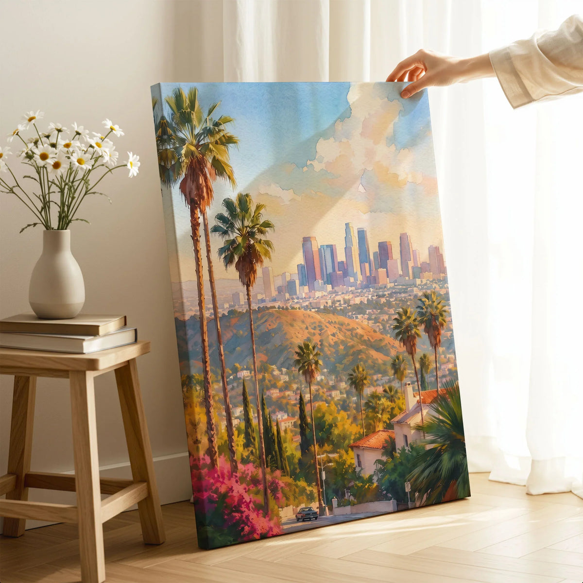 Los Angeles palm trees and downtown skyline watercolour art print canvas print with mirror edge in a room