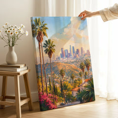 Los Angeles palm trees and downtown skyline watercolour art print canvas print with mirror edge in a room