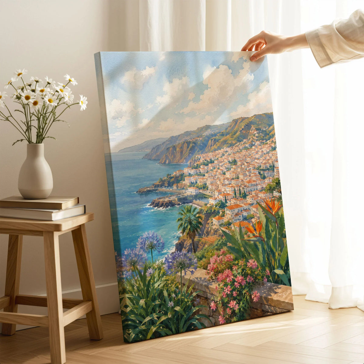 Madeira Funchal bay and coast watercolour art print canvas print with mirror edge in a room