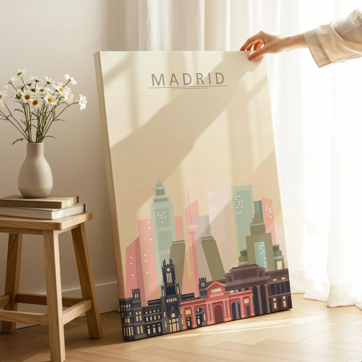 Madrid city skyline art print, canvas print with mirror edge in a room