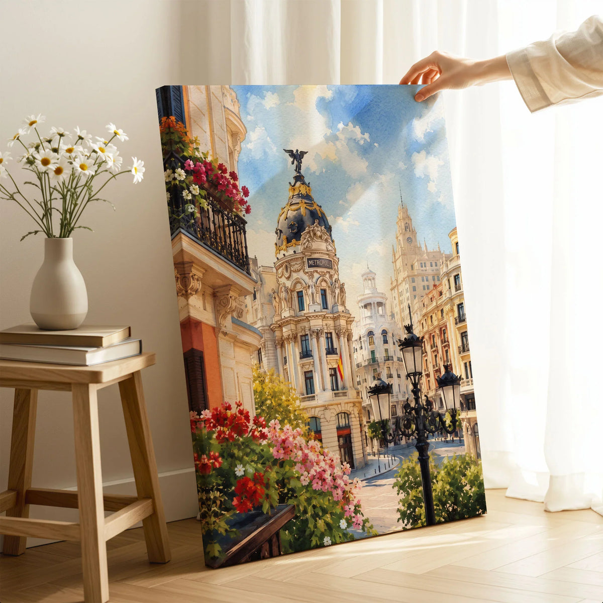 Madrid Metropolis building on Gran Vía watercolour art print canvas print with mirror edge in a room