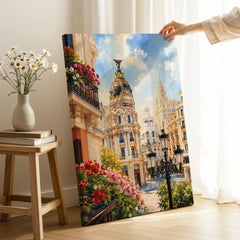 Madrid Metropolis building on Gran Vía watercolour art print canvas print with mirror edge in a room