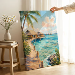 Maldives overwater villas and lagoon watercolour art print canvas print with mirror edge in a room