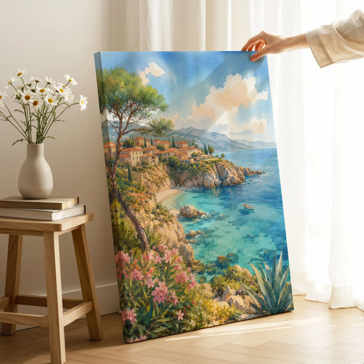 Mallorca turquoise cove and pines watercolour art print canvas print with mirror edge in a room