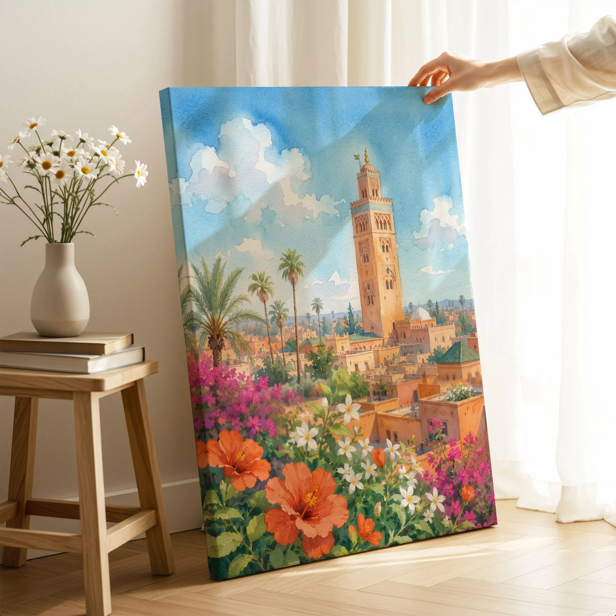 Marrakech Koutoubia Mosque watercolour art print canvas print with mirror edge in a room