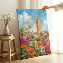 Marrakech Koutoubia Mosque watercolour art print canvas print with mirror edge in a room