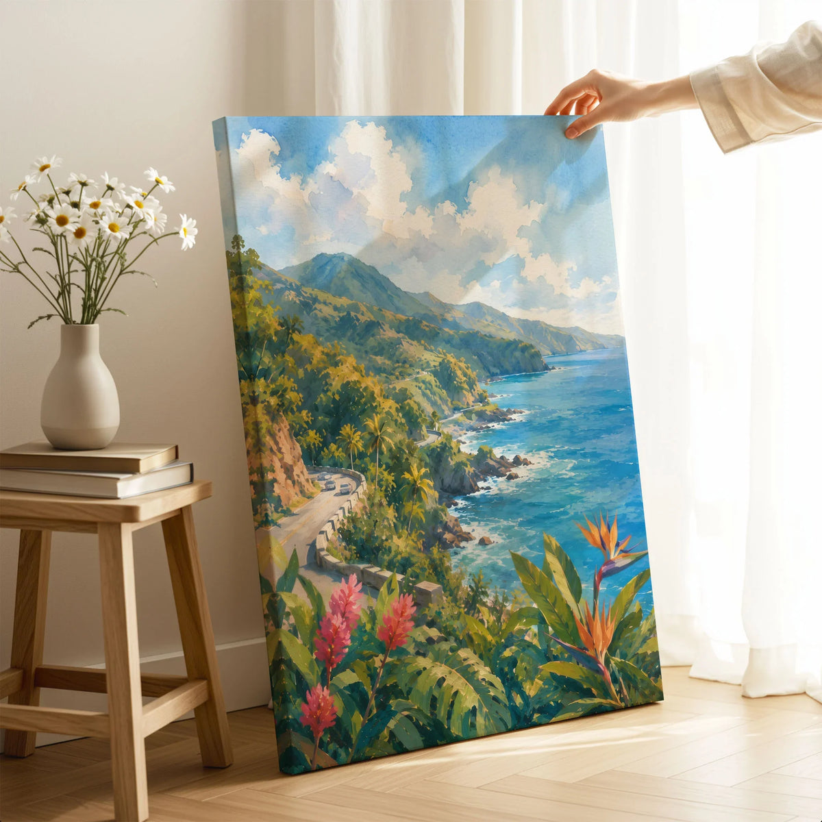 Maui Road to Hana coastline watercolour art print canvas print with mirror edge in a room