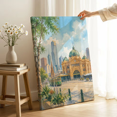 Melbourne Flinders Street Station and tram watercolour art print canvas print with mirror edge in a room