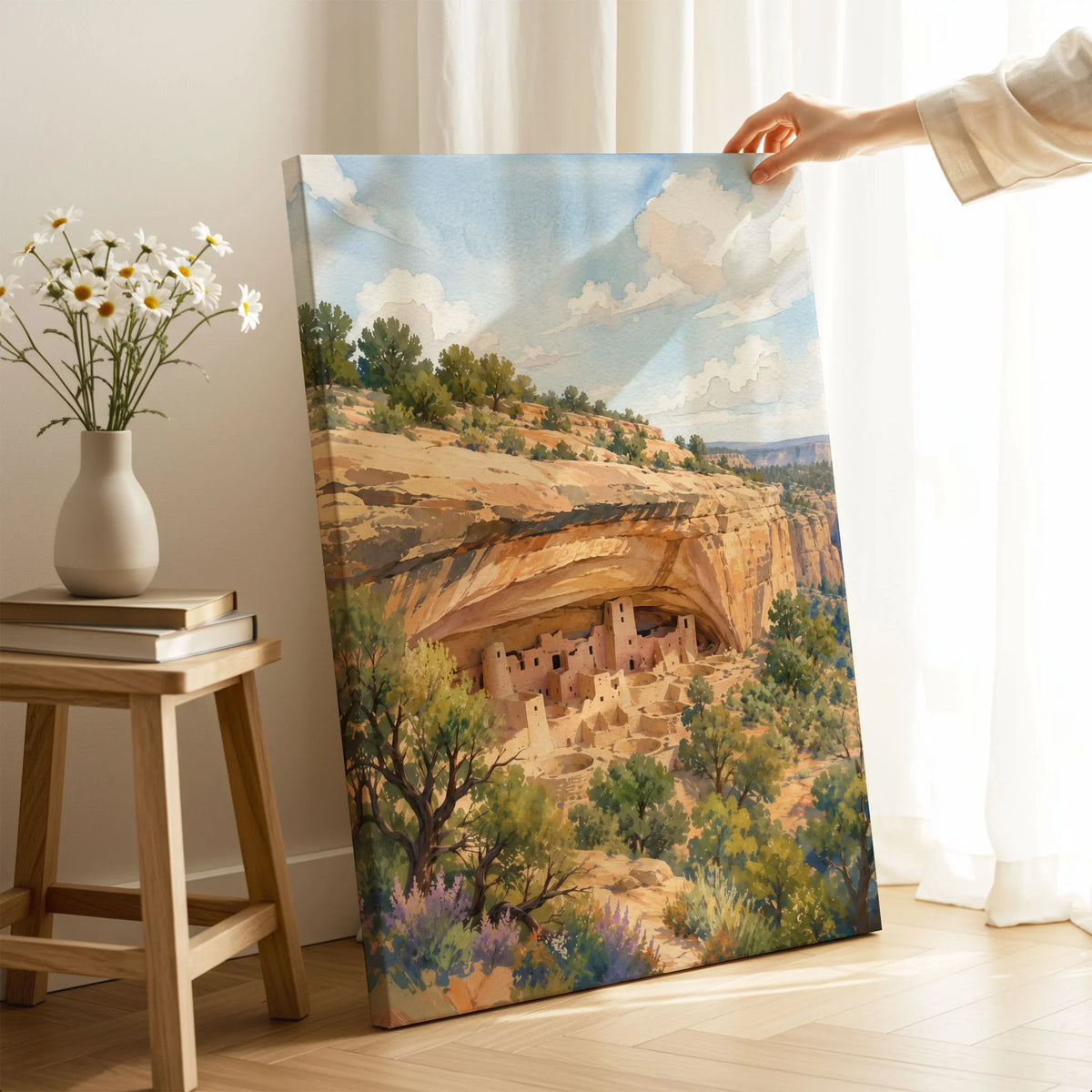 Mesa Verde National Park Cliff Palace dwellings watercolour art print canvas print with mirror edge in a room
