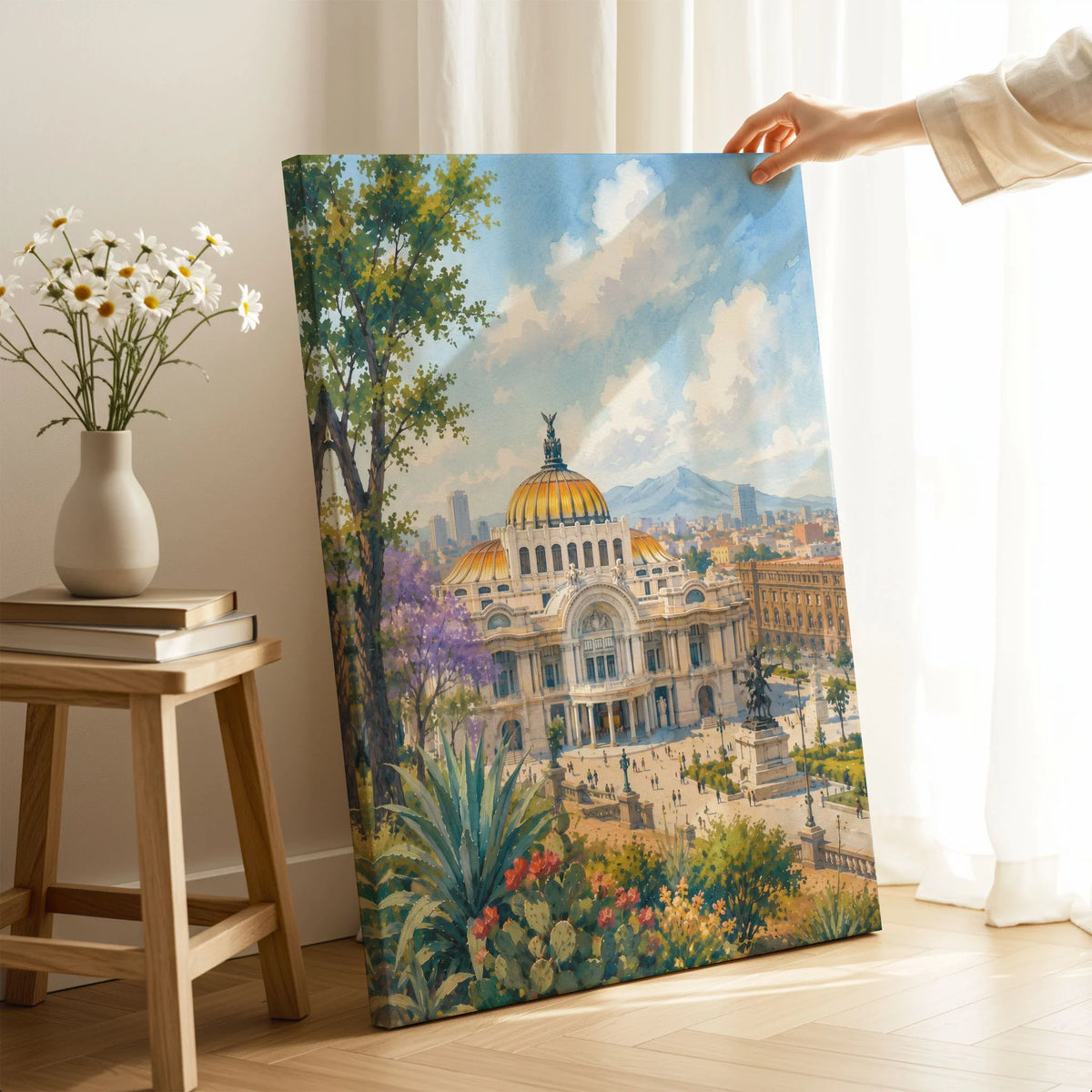 Mexico City Palacio de Bellas Artes watercolour art print canvas print with mirror edge in a room