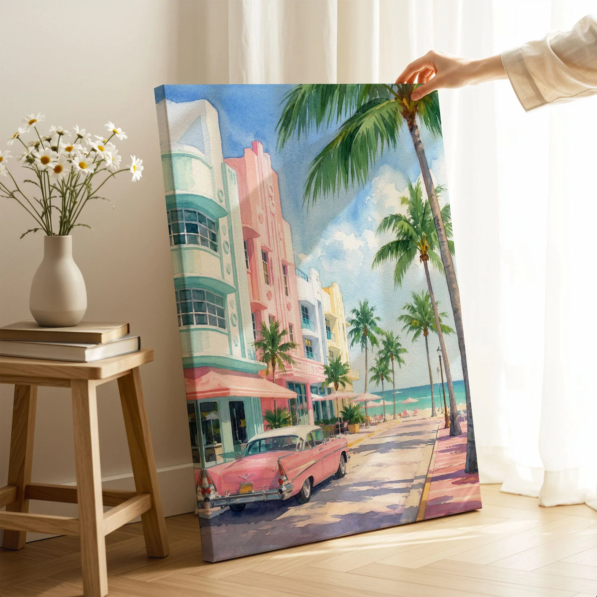 Miami Art Deco Ocean Drive and classic car watercolour art print canvas print with mirror edge in a room