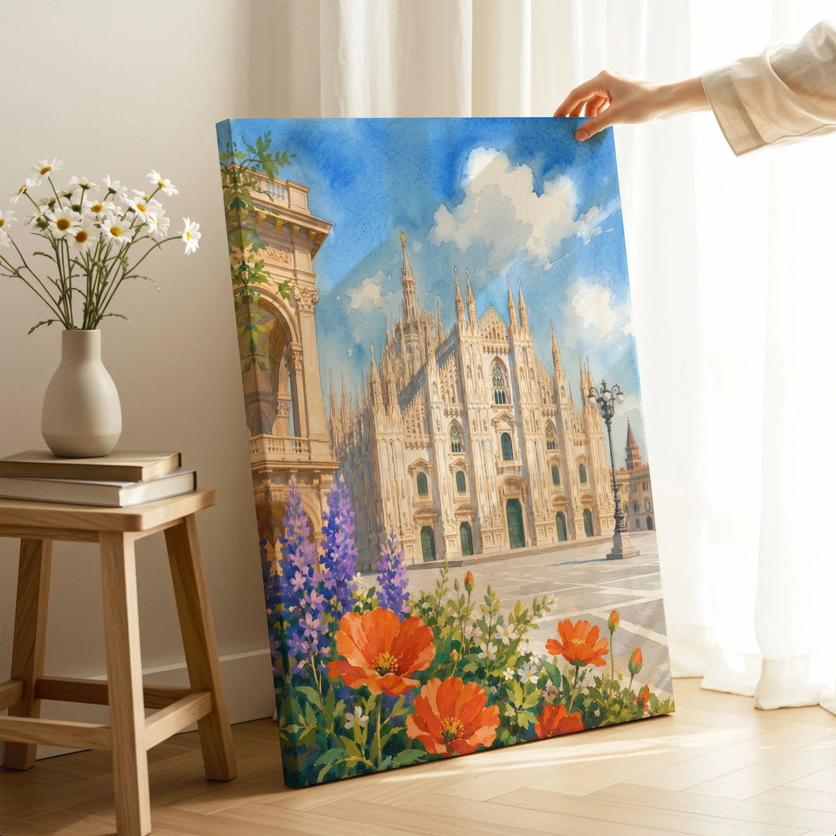 Milan Duomo di Milano watercolour art print canvas print with mirror edge in a room